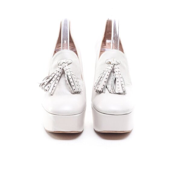 Stuart Weitzman Sky-High Tassel Heels Leather Platforms Women 6 White/Silver - Picture 5 of 16